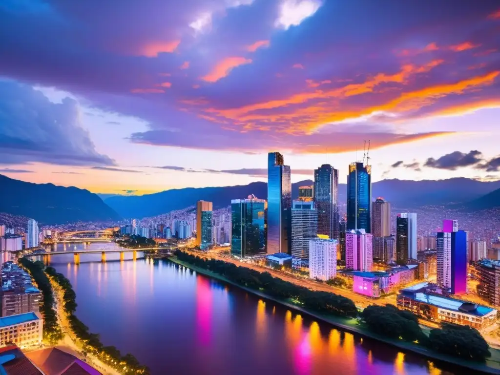 Espectacular atardecer en Bogotá: luces vibrantes iluminan la ciudad Vista panorámica de Bogotá al atardecer, con rascacielos iluminados y reflejados en el río Magdalena