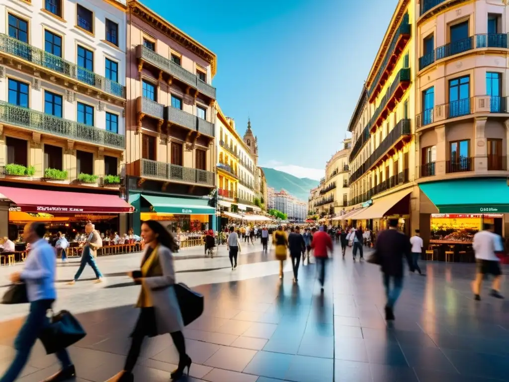 Vibrante ciudad española: modernidad y energía urbana Vista panorámica de una bulliciosa calle de la ciudad en España, con moderna arquitectura y vibrante actividad urbana
