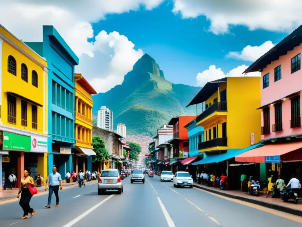 Contraste urbano en Colombia: impacto fiscal Vista panorámica de una bulliciosa calle en Colombia, con rascacielos modernos y edificios tradicionales