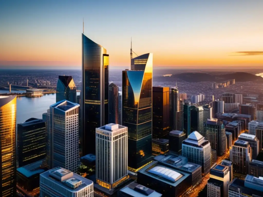 Horizonte urbano al atardecer: progreso y sofisticación en la ciudad Vista panorámica de una bulliciosa ciudad al atardecer, con rascacielos reflejando la cálida luz dorada