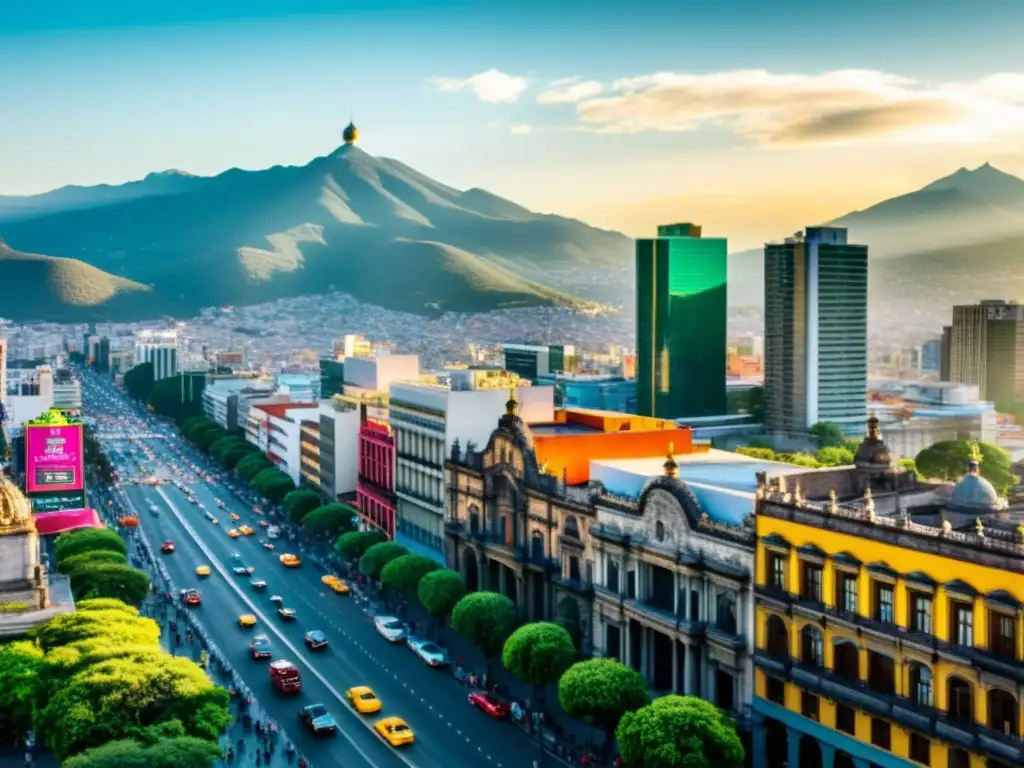 Contraste urbano: México City, historia y modernidad Vista panorámica de la bulliciosa Ciudad de México con rascacielos modernos y edificios históricos