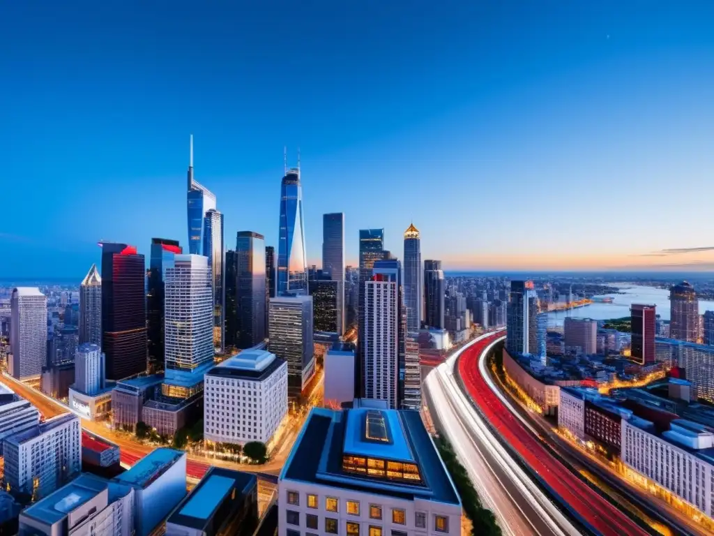 Horizonte urbano moderno: luces y movimiento al atardecer Vista panorámica de una bulliciosa ciudad al anochecer, con rascacielos modernos