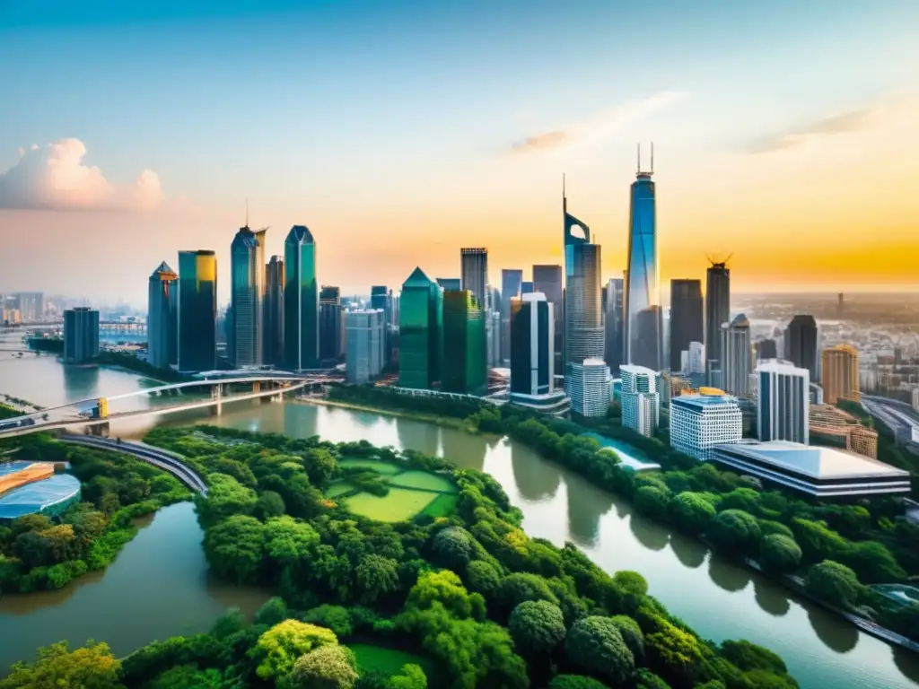 Horizonte urbano dorado: gestión fiscal estratégica en entorno dinámico Vista panorámica de una bulliciosa ciudad con rascacielos que reflejan la luz dorada del atardecer, simbolizando la gestión fiscal estratégica para el crecimiento de empresas en un entorno urbano moderno y dinámico