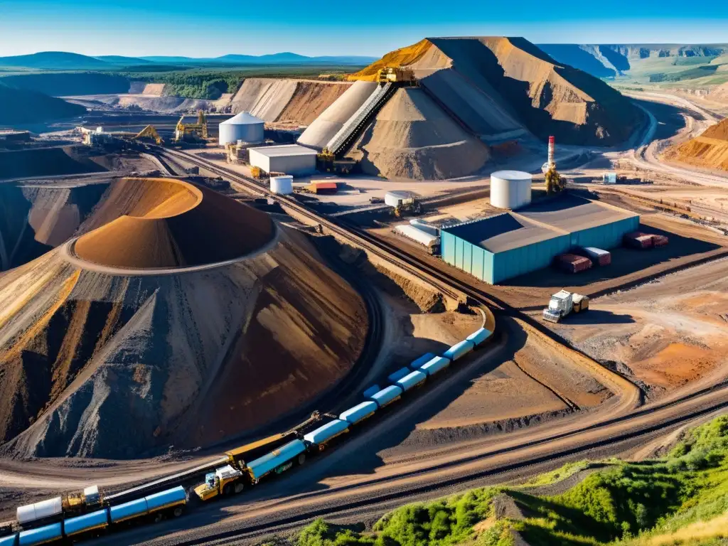 Minería en paisaje montañoso: equipos y paisaje Una vista panorámica de una bulliciosa mina en un entorno montañoso