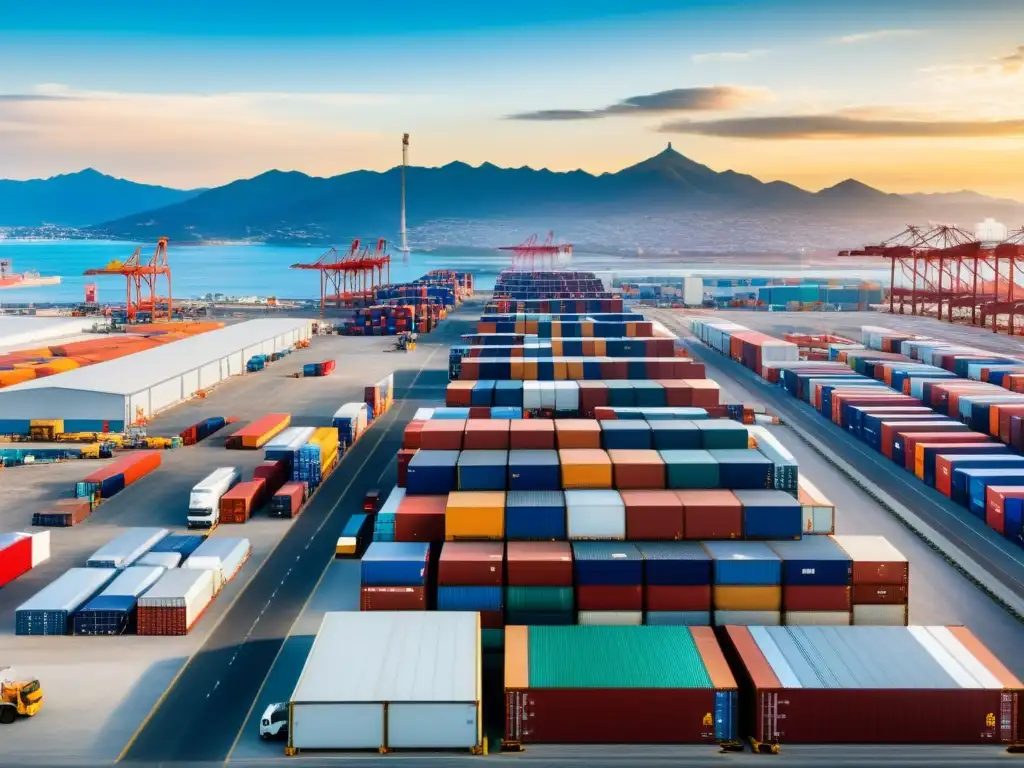 Zona de Libre Comercio en México: Modernidad y Eficiencia Vista panorámica de una bulliciosa zona franca en México, con almacenes modernos, muelles ocupados y un paisaje urbano vibrante