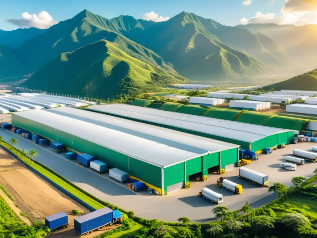 Zona franca en Colombia: dinamismo industrial y belleza natural Vista panorámica de una bulliciosa zona franca colombiana, con almacenes industriales modernos y naturaleza exuberante