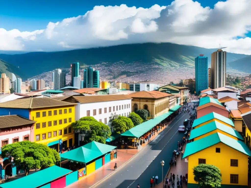 Vibrante Bogotá: Arquitectura moderna, tráfico y arte callejero Vista panorámica de las bulliciosas calles de Bogotá, Colombia, capturando su energía dinámica y actividad económica