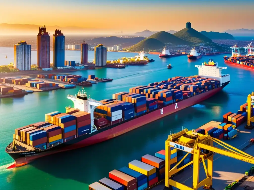 Puerto mexicano al atardecer: comercio internacional en acción Vista panorámica del bullicioso puerto mexicano al atardecer