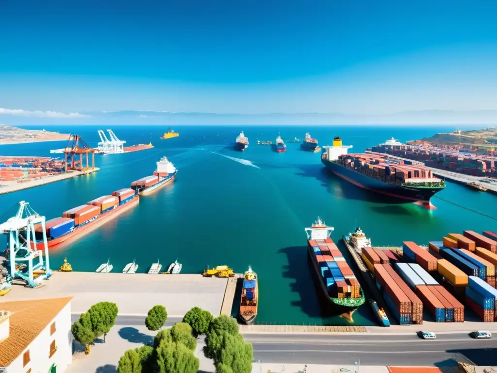 Exportación en el Puerto: Dinamismo y Oportunidad Comercial Vista panorámica de un bullicioso puerto español, con barcos cargados de exportaciones