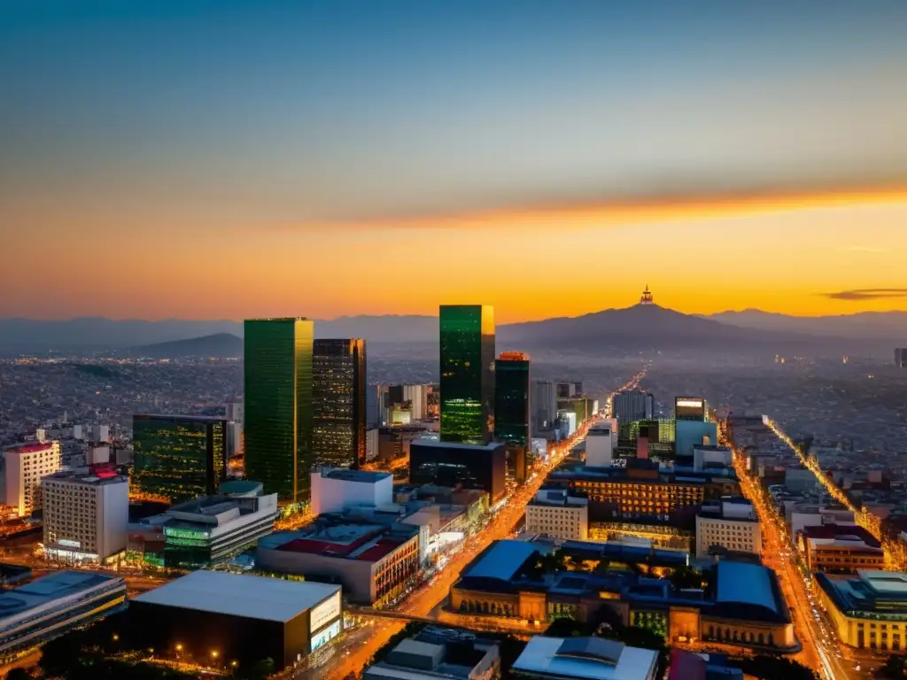 Panorámica moderna del atardecer en la Ciudad de México Vista panorámica de la Ciudad de México al atardecer, con moderna arquitectura y luces de la ciudad