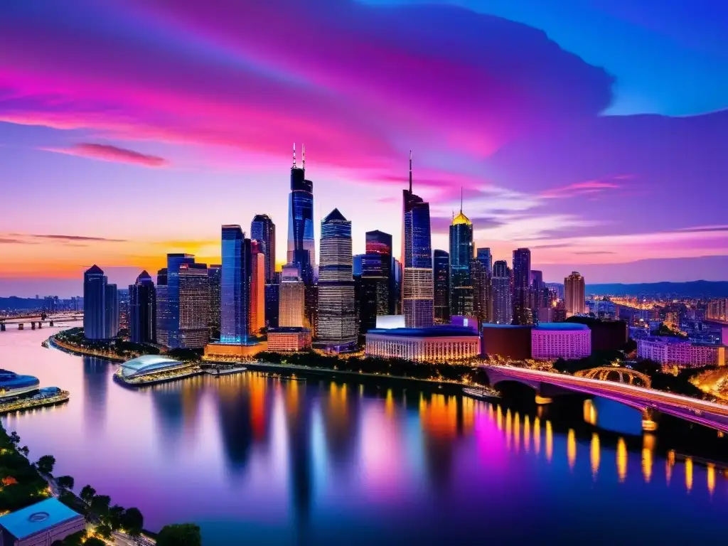 Horizonte urbano al atardecer: luces vibrantes y reflejos cautivadores Vista panorámica de la ciudad al atardecer, con rascacielos iluminados y reflejos en el río