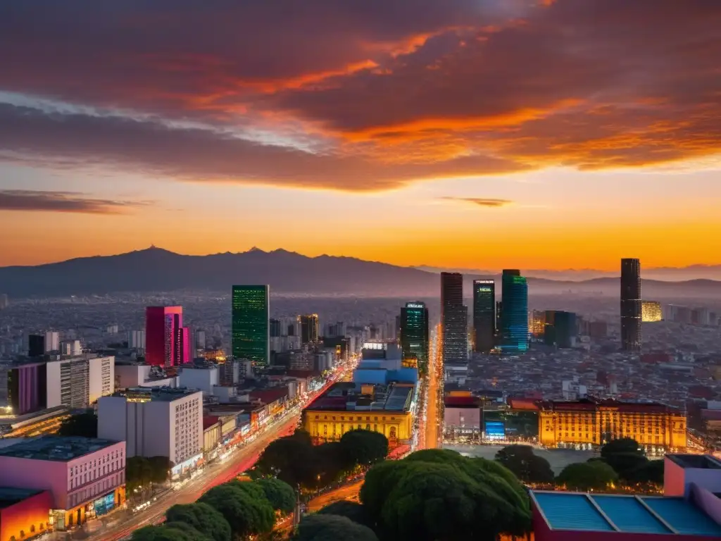 Horizonte urbano de la Ciudad de México al atardecer Vista panorámica de la Ciudad de México al atardecer, con la icónica Torre Latinoamericana y modernos rascacielos destacando contra el cielo colorido
