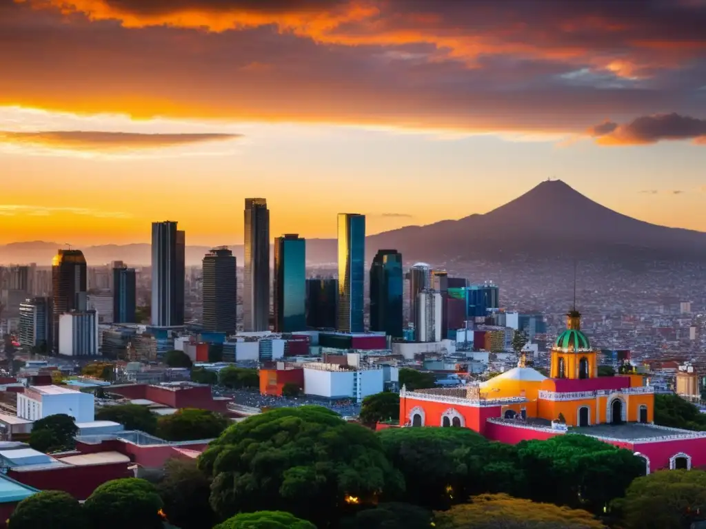 Espectacular atardecer en el horizonte de la Ciudad de México Vista panorámica de la Ciudad de México al atardecer, con rascacielos iluminados y la Torre Latinoamericana destacando