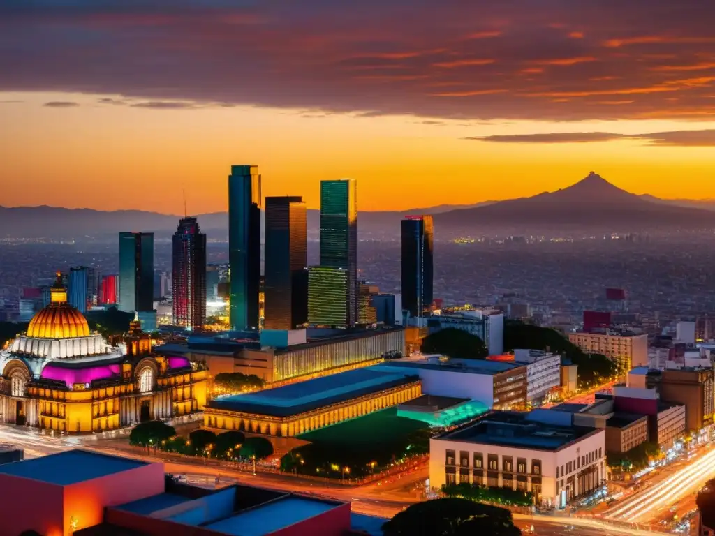Horizonte de Ciudad de México al atardecer: modernidad y vitalidad Vista panorámica de la Ciudad de México al atardecer, con modernos rascacielos iluminados y la Torre Latinoamericana destacando