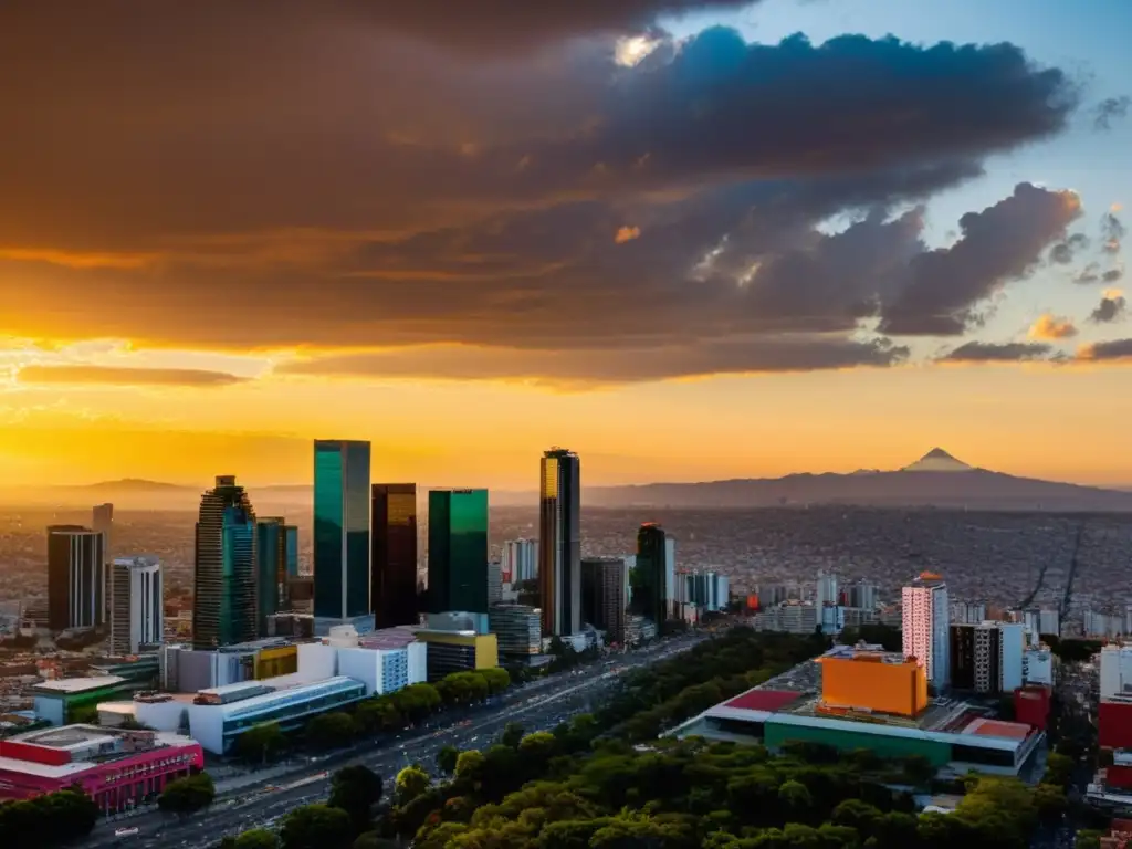 Espectacular atardecer sobre el horizonte de la Ciudad de México Vista panorámica de la Ciudad de México al atardecer, con rascacielos modernos reflejando el sol y luces de la ciudad