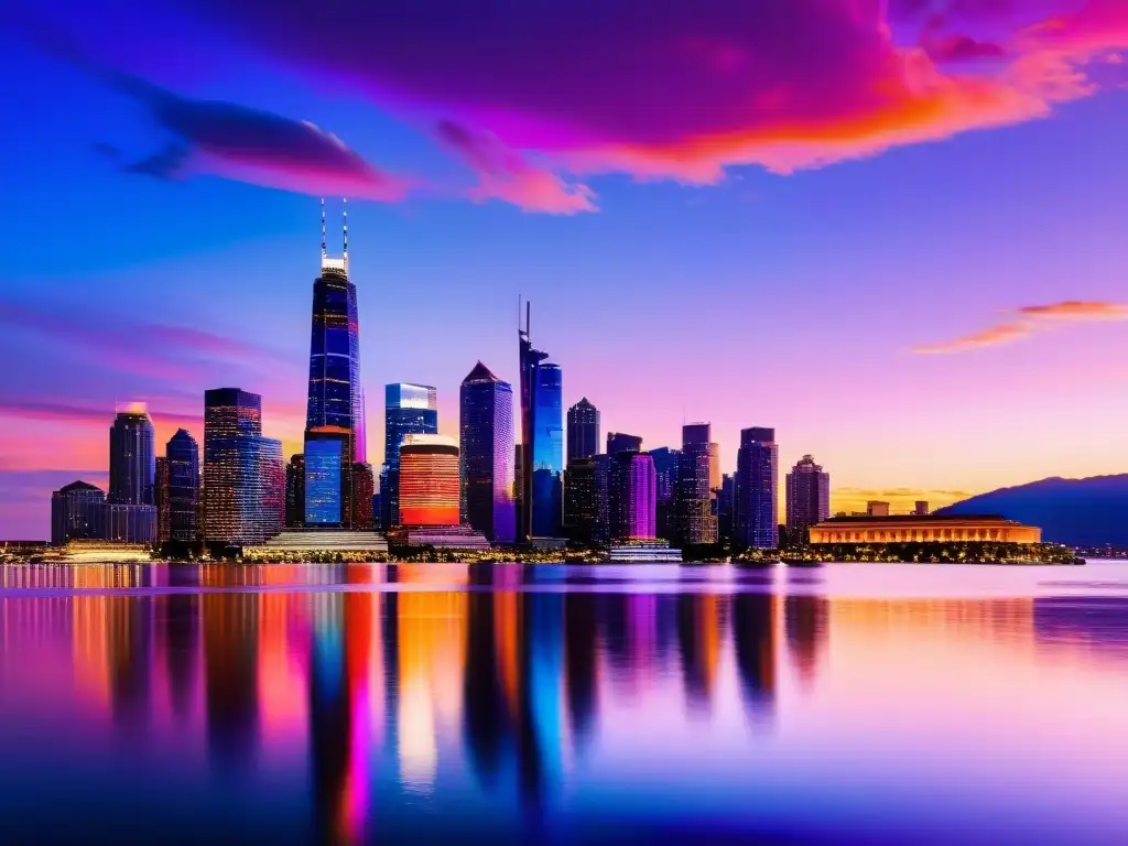 Horizonte de ciudad al atardecer: luces vibrantes y reflejos Vista panorámica de la ciudad al atardecer, con modernos rascacielos iluminados y reflejados en el agua, irradiando progreso y espíritu emprendedor
