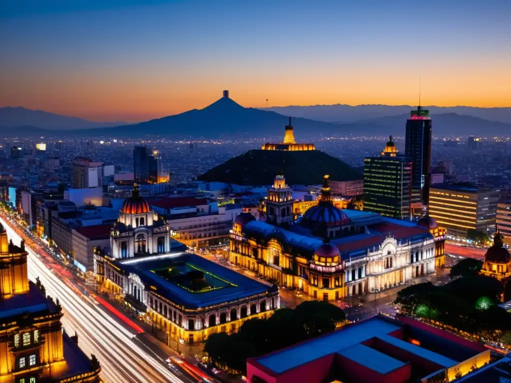 Horizonte de la Ciudad de México al anochecer Vista panorámica de la Ciudad de México al atardecer, destacando la Torre Latinoamericana y el Palacio de Bellas Artes