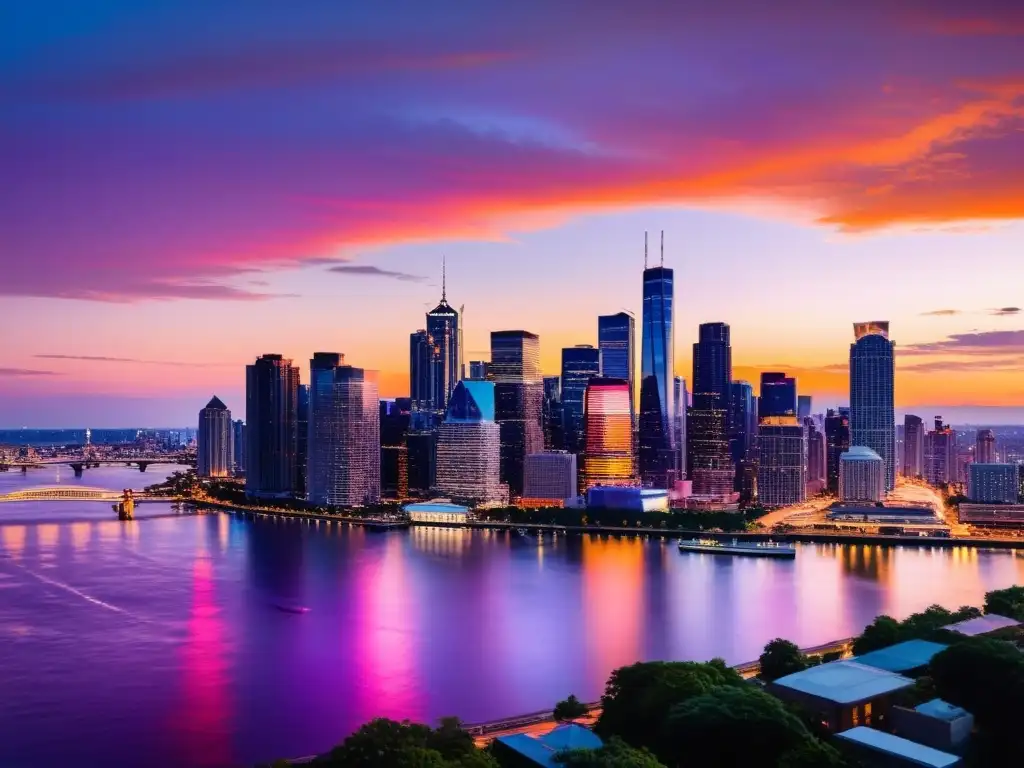 Impresionante ciudad al atardecer: rascacielos iluminados y cielo vibrante Vista panorámica de una ciudad bulliciosa al anochecer, con rascacielos iluminados