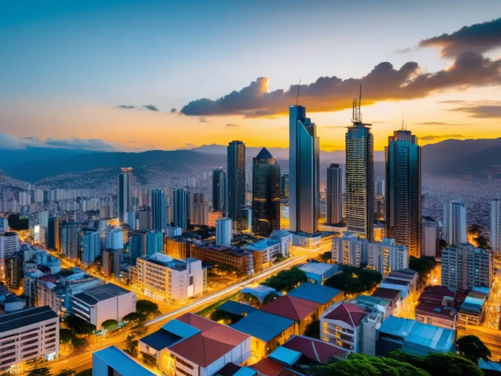 Atardecer dorado sobre ciudad colombiana: impacto de la reforma fiscal 2023 Vista panorámica 8k de una ciudad colombiana bulliciosa al atardecer, con rascacielos modernos y vida urbana vibrante