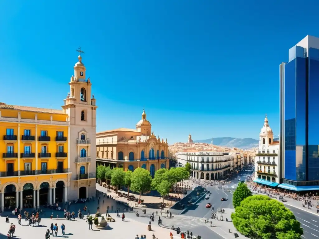 Vibrante panorama urbano: modernidad y tradición en la ciudad española Vista panorámica de una ciudad española moderna y bulliciosa, con rascacielos elegantes y calles llenas de gente y tráfico, contra un cielo azul claro