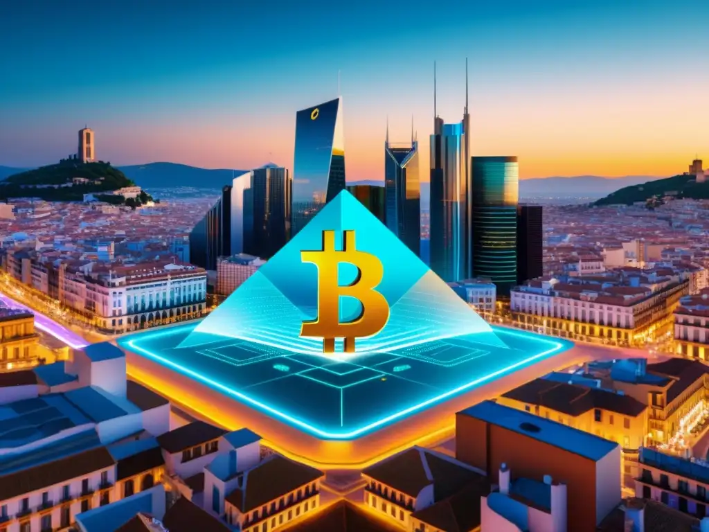 Horizonte futurista de la ciudad española: criptomonedas y economía Vista panorámica de una ciudad española moderna con símbolos de criptomonedas integrados en la arquitectura
