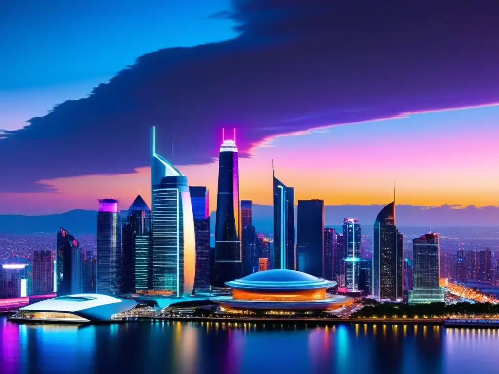 Ciudad futurista con tecnología de vanguardia para la gestión de impuestos Vista panorámica de una ciudad futurista con rascacielos iluminados por luces de neón