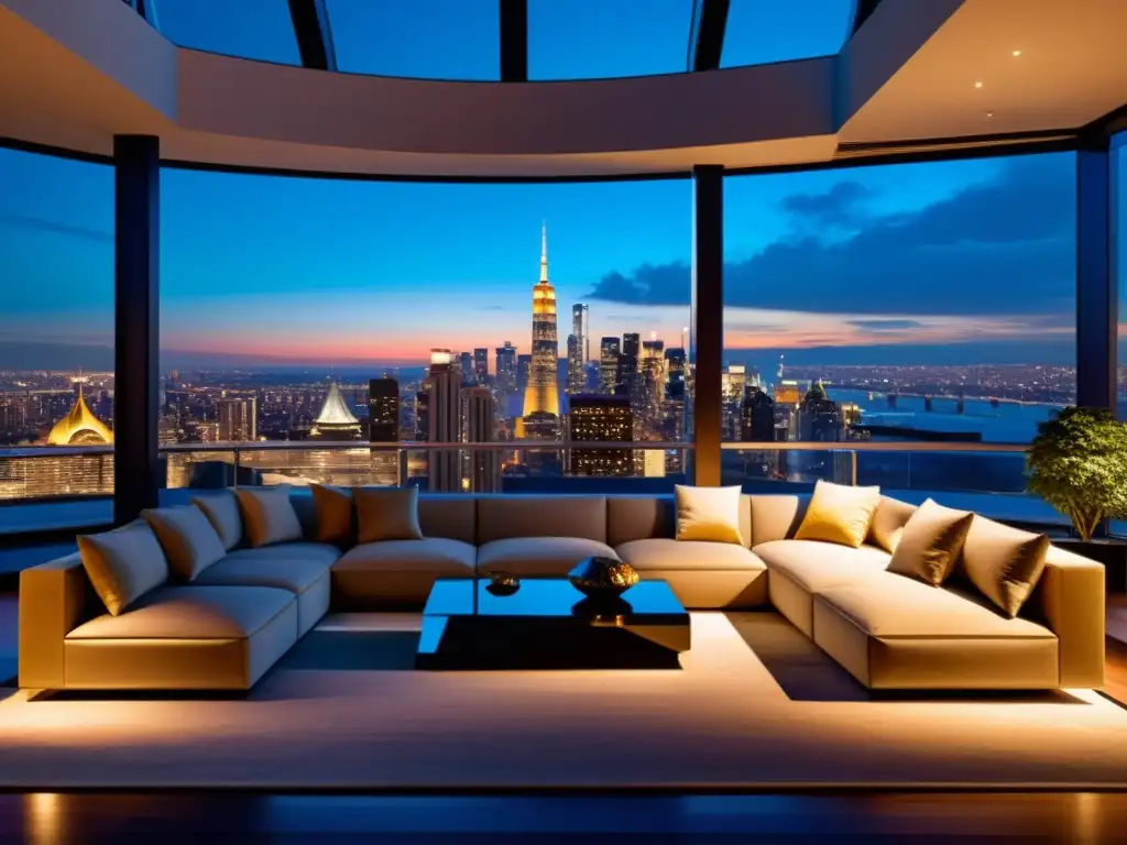 Penthouse de lujo con vista panorámica al atardecer Vista panorámica de ciudad al anochecer desde lujoso ático con diseño contemporáneo