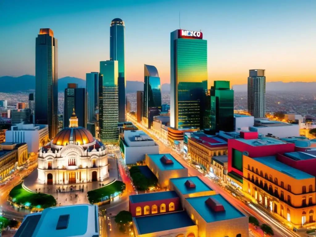 Vibrante escena urbana mexicana: progreso y negocios Vista panorámica de una ciudad mexicana moderna y vibrante, con rascacielos y escenas callejeras