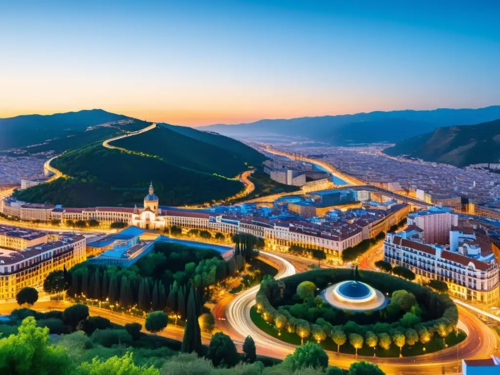 Espléndido atardecer en la ciudad moderna de España Vista panorámica de una ciudad moderna en España al atardecer, con rascacielos reflejando la luz dorada
