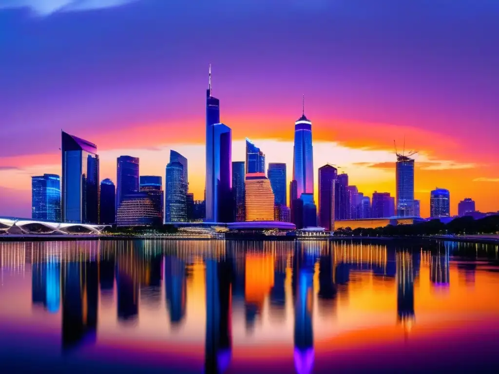 Horizonte urbano al atardecer: reflejos y luces Vista panorámica de una ciudad moderna al anochecer, con rascacielos iluminados y reflejos en el río, capturando la energía vibrante de la ciudad