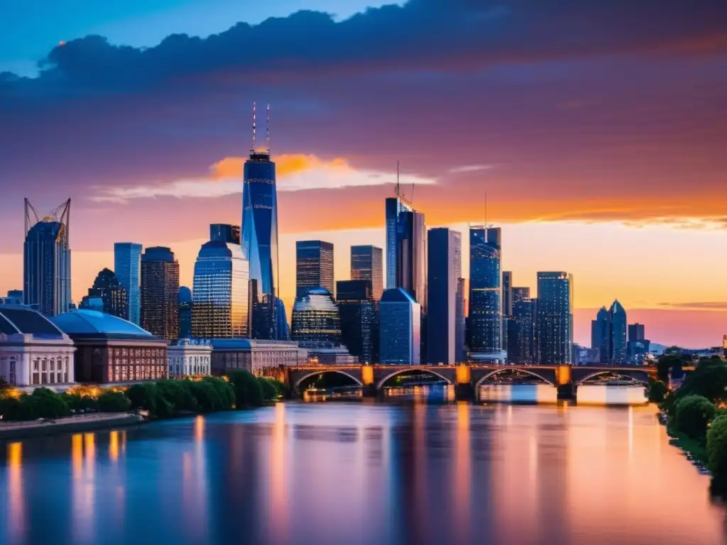 Atardecer dorado sobre la ciudad moderna Vista panorámica de una ciudad moderna al atardecer, con estrategias legales para minimizar ISR