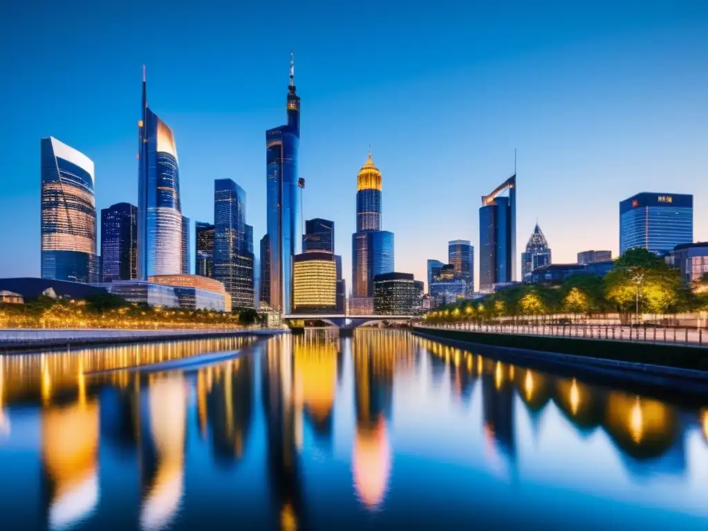 Horizonte urbano moderno al atardecer: símbolo de poder financiero Vista panorámica de una ciudad moderna al anochecer, con rascacielos iluminados y reflejados en un río tranquilo