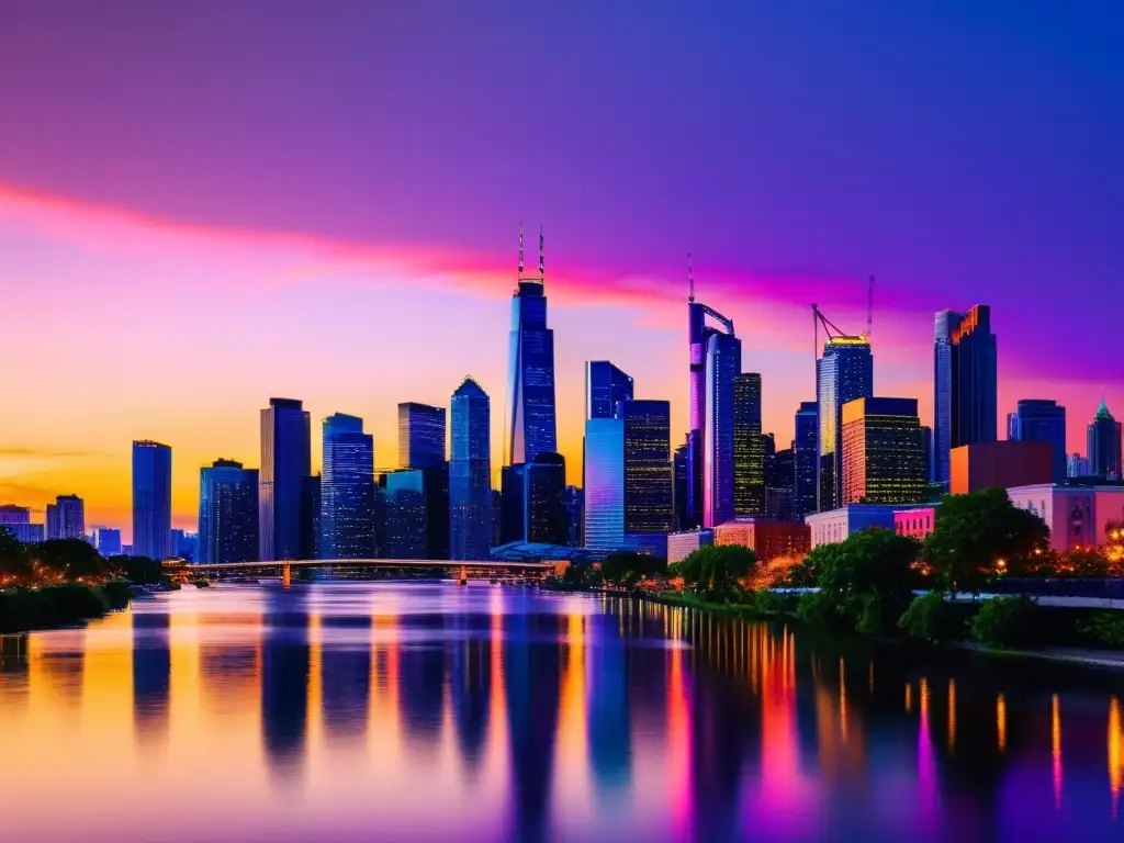 Espectacular ciudad urbana iluminada al anochecer Vista panorámica de la ciudad moderna al atardecer, con rascacielos iluminados y un río brillante