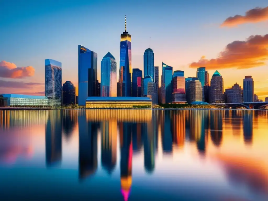Espléndido atardecer en la ciudad financiera Vista panorámica de una ciudad moderna y dinámica al atardecer, destacando la consultoría fiscal normativa internacional