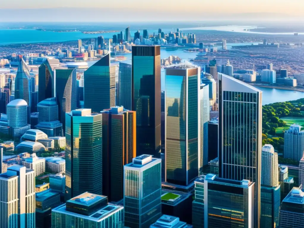 Horizonte urbano financiero: metrópolis dinámica y vibrante Vista panorámica de la ciudad moderna con rascacielos de vidrio en el distrito financiero, simbolizando la gestión fiscal estratégica para empresas en crecimiento