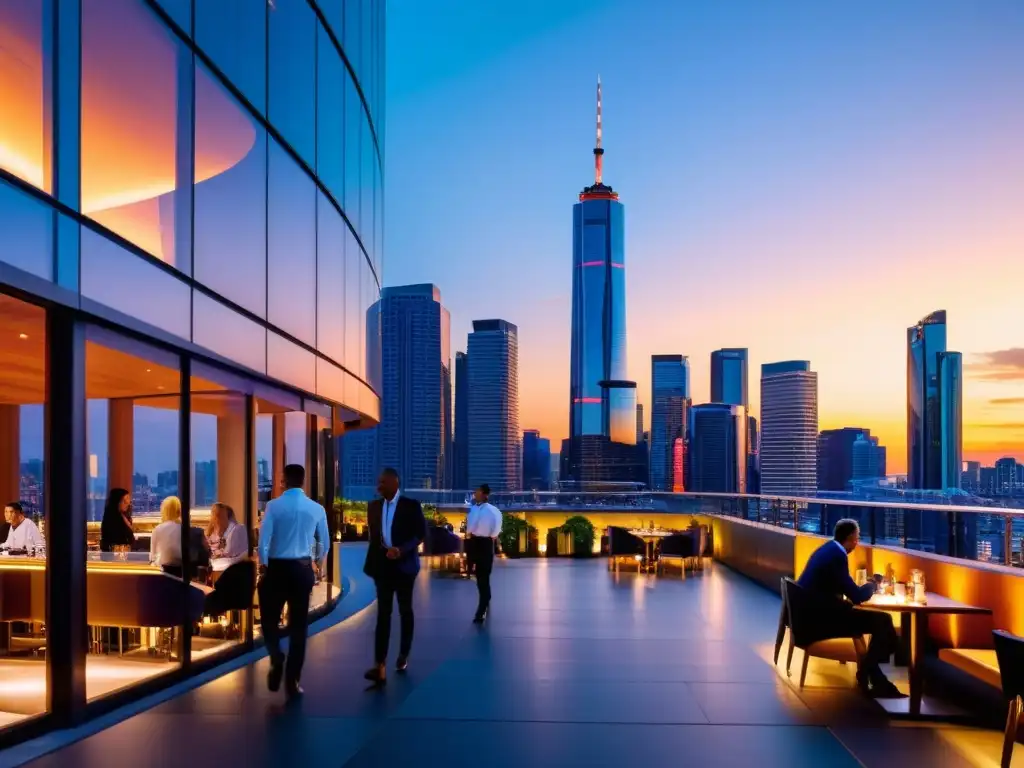 Horizonte urbano moderno al atardecer: sofisticación y productividad Vista panorámica de una ciudad moderna al atardecer, con rascacielos elegantes reflejando la cálida luz del sol