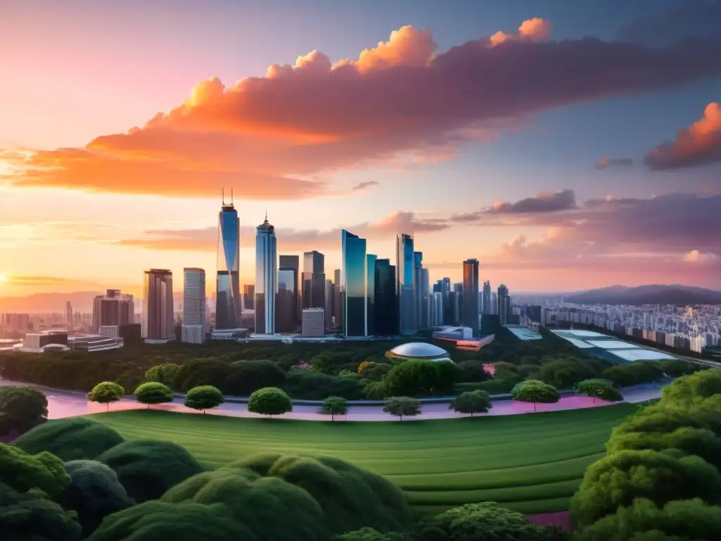 Atardecer en la ciudad moderna: negocios internacionales y planificación financiera Vista panorámica de una ciudad moderna al atardecer, con rascacielos reflejando tonos cálidos del cielo
