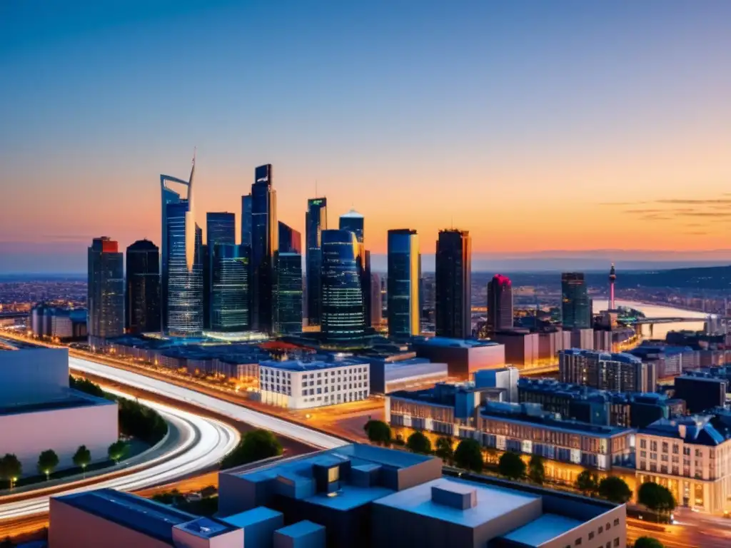 Cityscape moderno: luces y sombras en la planificación fiscal Vista panorámica de una ciudad moderna al anochecer, con un ambiente vibrante y futurista