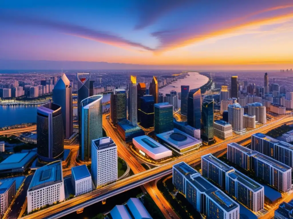 Horizonte urbano moderno al atardecer: innovación y progreso Vista panorámica de una ciudad moderna al anochecer, con edificios iluminados y una red de carreteras brillantes
