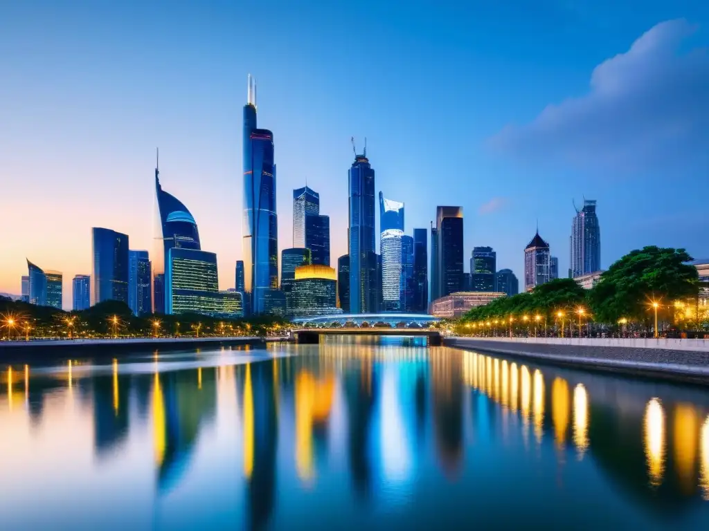Horizonte urbano moderno al atardecer: prosperidad y crecimiento Vista panorámica de la ciudad moderna al anochecer, reflejándose en el río