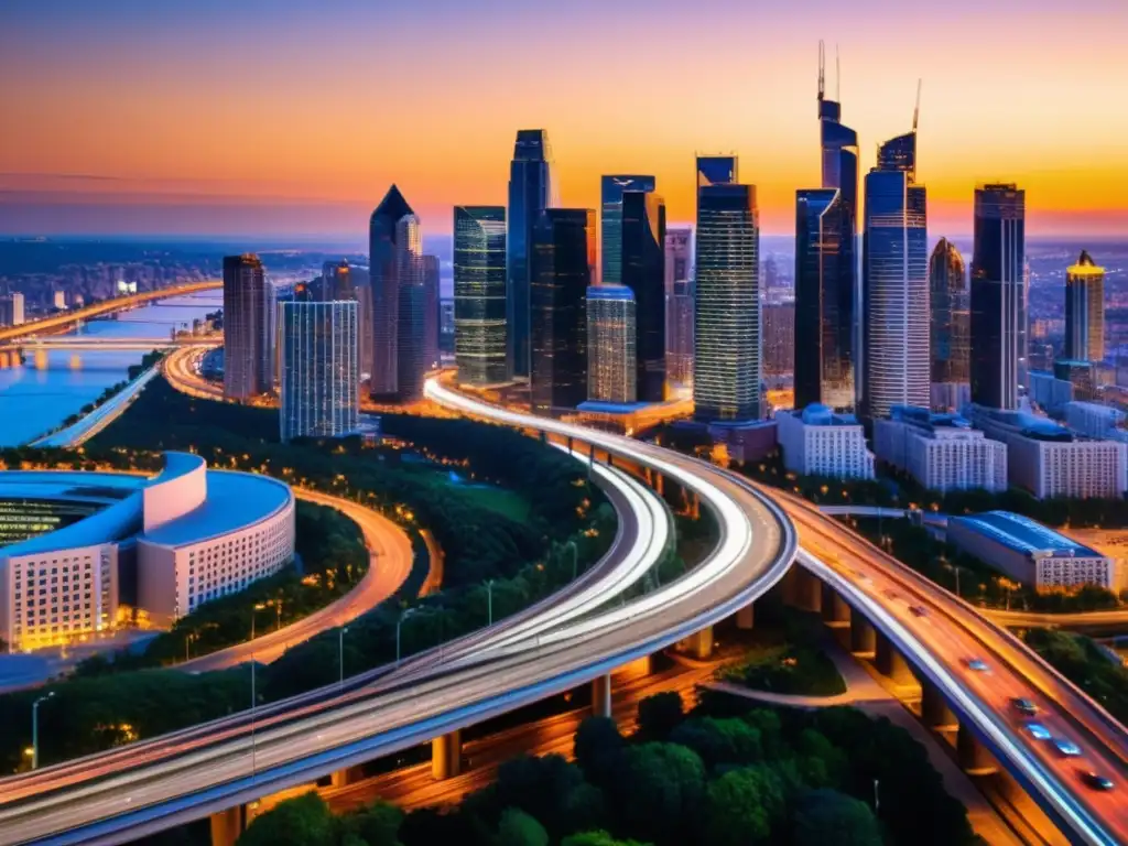 Atardecer en la ciudad: luces y rascacielos Vista panorámica de la ciudad moderna al atardecer, reflejando el cálido sol
