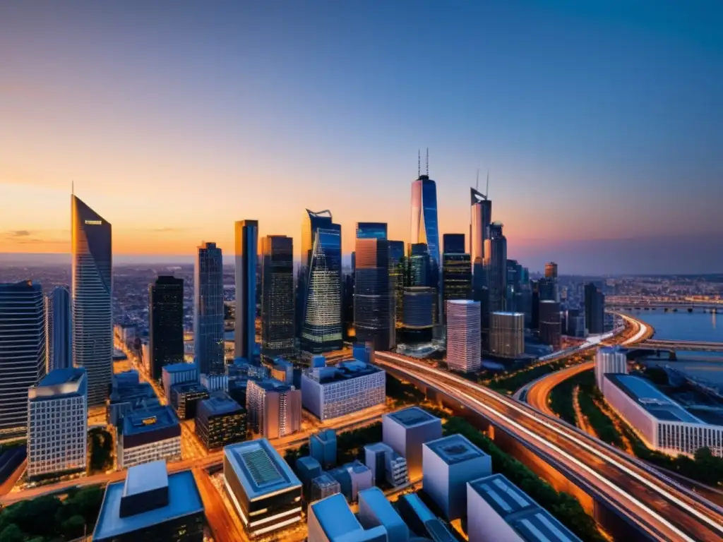 Horizonte urbano al atardecer: una ciudad moderna iluminada Vista panorámica de una ciudad moderna al anochecer, con rascacielos iluminados por el cálido resplandor del sol poniente