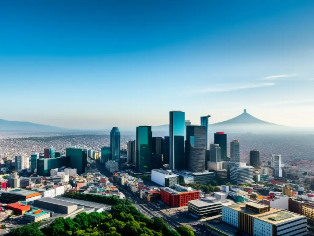 Panorámica de la CDMX: Moderna arquitectura financiera Vista panorámica de la Ciudad de México, con modernos rascacielos del distrito financiero