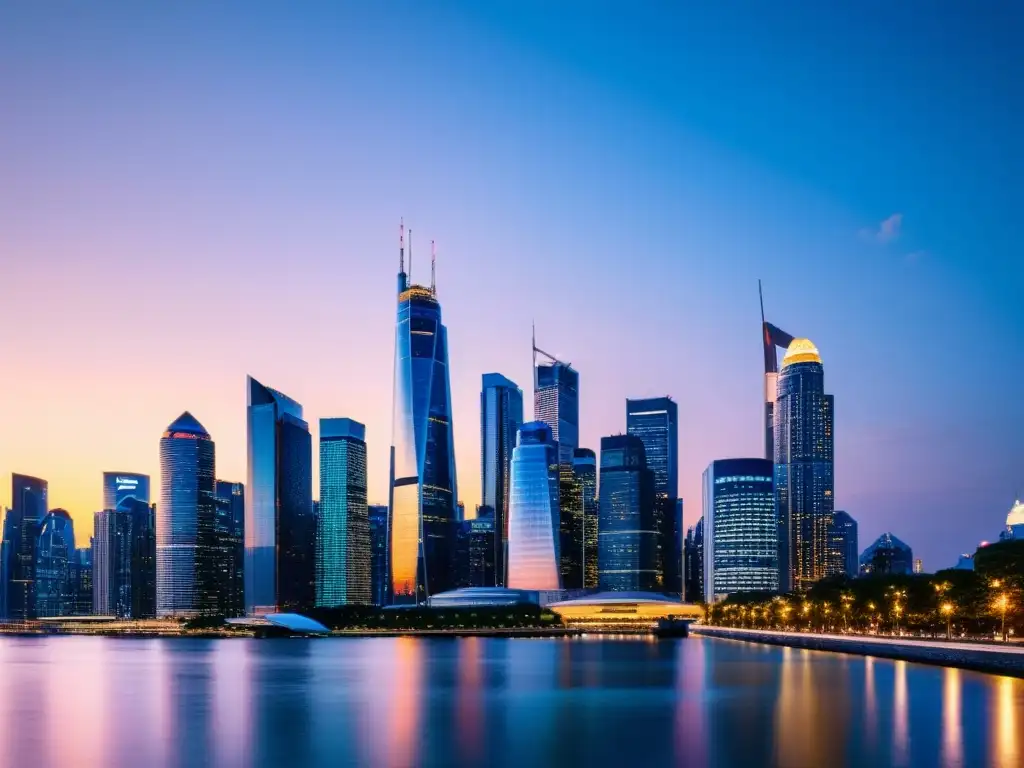 Skyline urbano al atardecer: fusiones y adquisiciones transfronterizas Vista panorámica de la ciudad al anochecer con modernos rascacielos iluminados