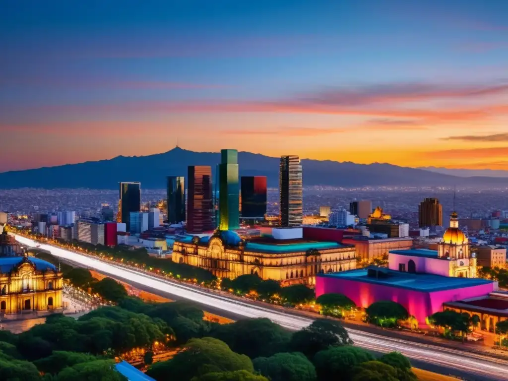 Espectacular skyline de Ciudad de México al anochecer Vista panorámica de la Ciudad de México al anochecer, con rascacielos iluminados reflejándose en un río sereno