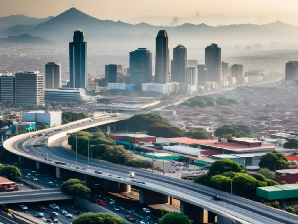 Metrópoli mexicana: impacto de emisiones de carbono Vista panorámica de la ciudad de México con smog y tráfico intenso, resaltando la necesidad de la fiscalidad del carbono en México