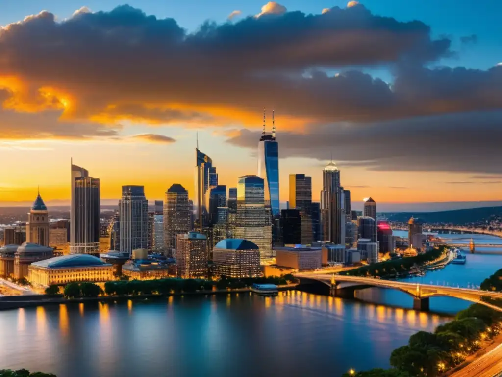 Paisaje urbano al atardecer: la dinámica metrópolis y las leyes fiscales Vista panorámica de una ciudad vibrante al atardecer, con rascacielos modernos y edificios históricos