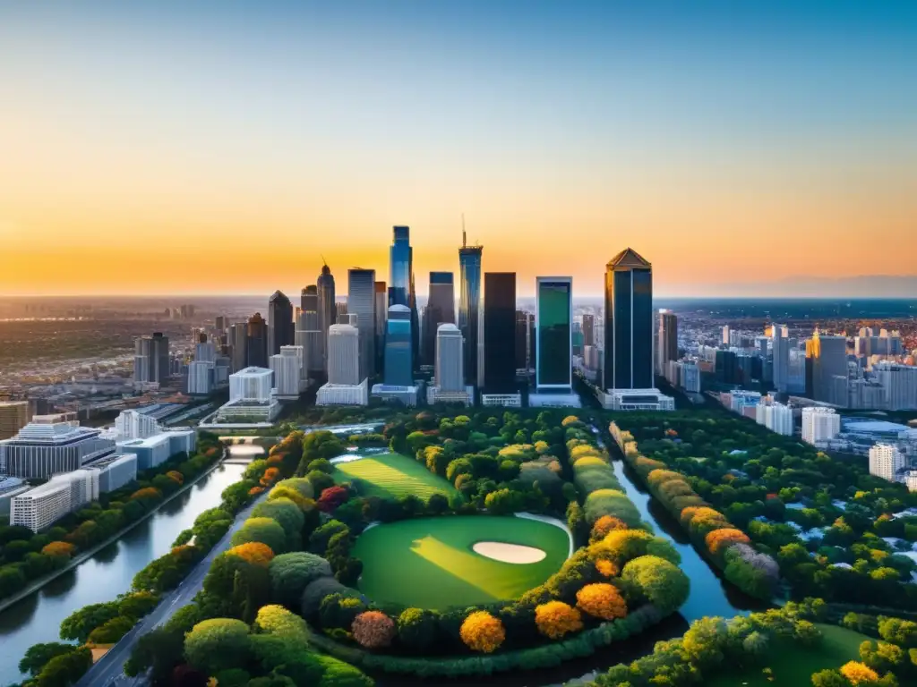 Horizonte urbano al atardecer: energía y éxito en una ciudad moderna Vista panorámica de una ciudad vibrante al atardecer, con rascacielos reflejando la cálida luz dorada, rodeada de parques verdes y barrios diversos