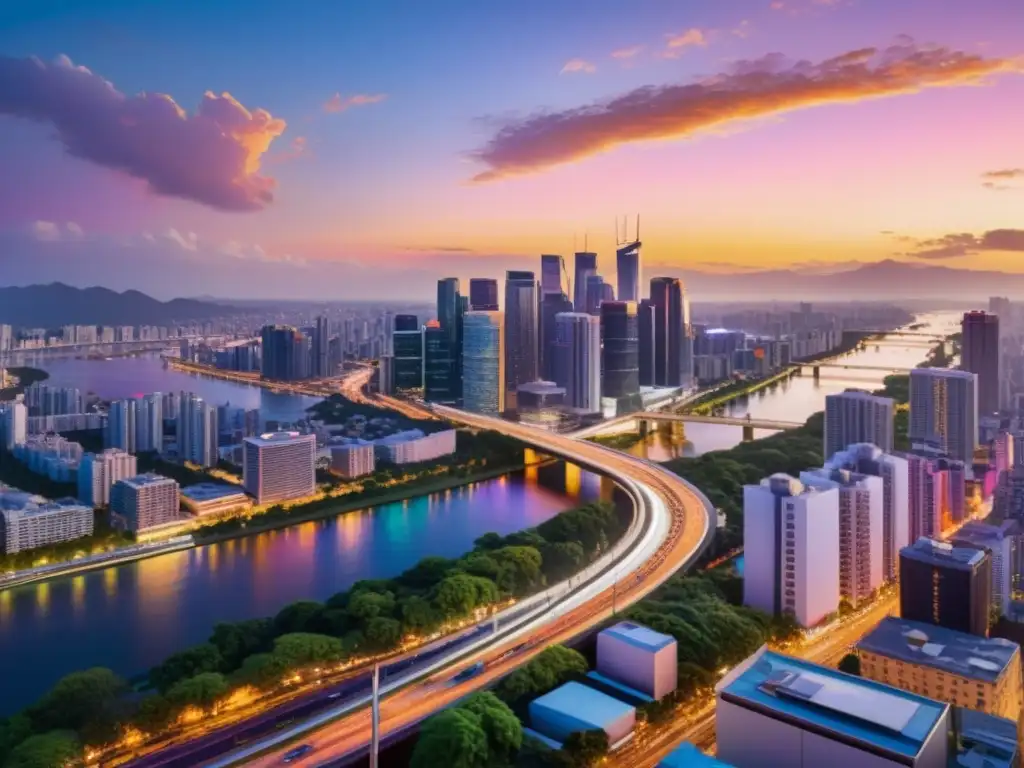 Vibrante ciudad iluminada al atardecer: luces, ríos y rascacielos Vista panorámica de una ciudad vibrante al anochecer, con rascacielos iluminados por luces de neón y un río sereno