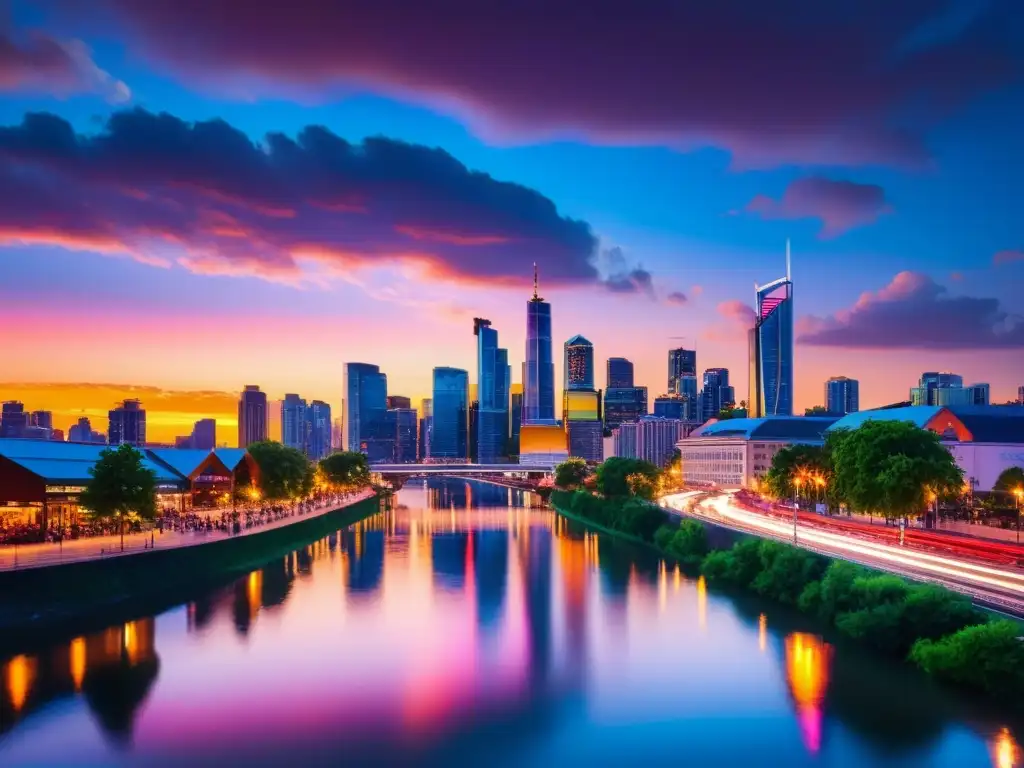 Horizonte urbano iluminado al atardecer: ciudad moderna en movimiento Vista panorámica de una ciudad vibrante al anochecer, con rascacielos iluminados por luces de neón